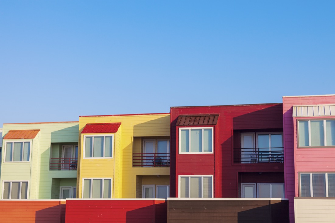 Colorful apartments by the beach in Galveston, Texas.