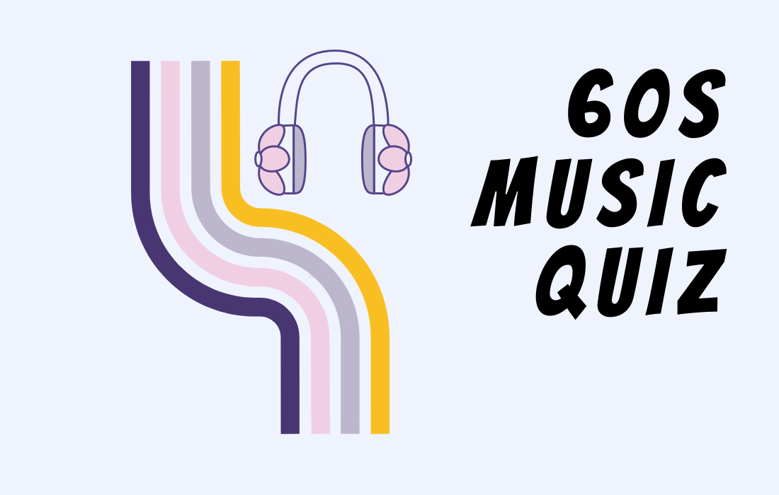 Text 60s Music Quiz Image of colorful stripes and headphones