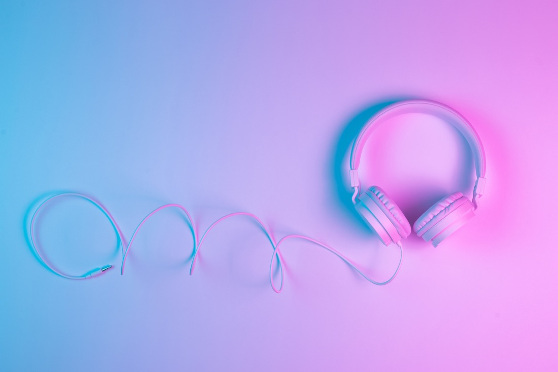 Earphones with colorful background blue and pink