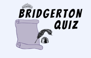 Text Bridgerton Quiz with image of script and feather