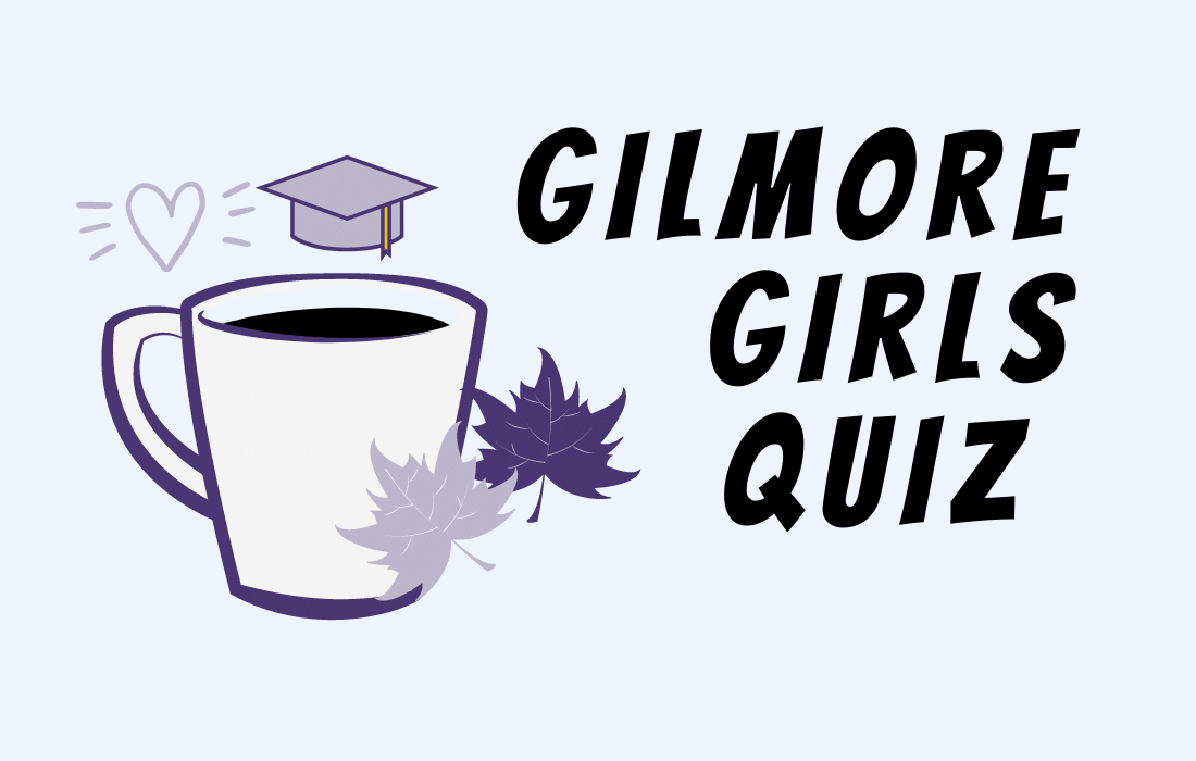 Text Gilmore Girls Quiz with image of coffee, graduation hat and fall leaves