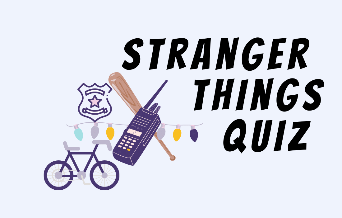 Text Stranger Things Quiz with image of bike, walkie talkie, bat and police badge