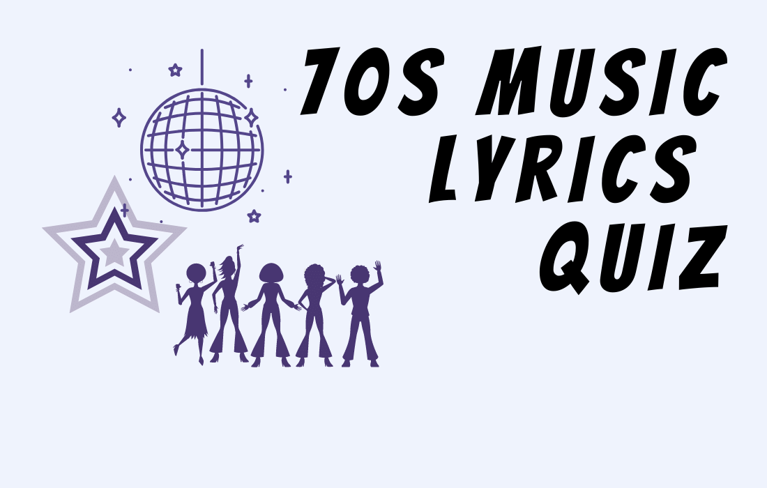 Text Text 70s Lyrics Quiz image disco ball, star, outline of people dancing