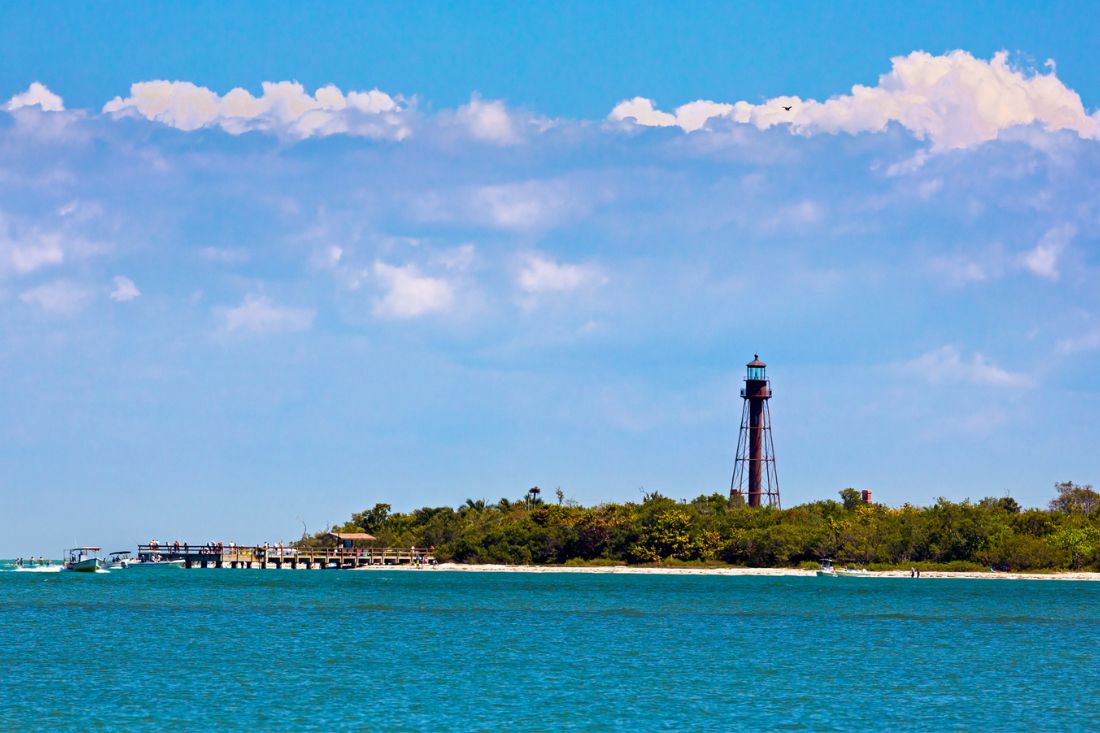 Lighthouse at Sanibel Island in Florida during sunny day.