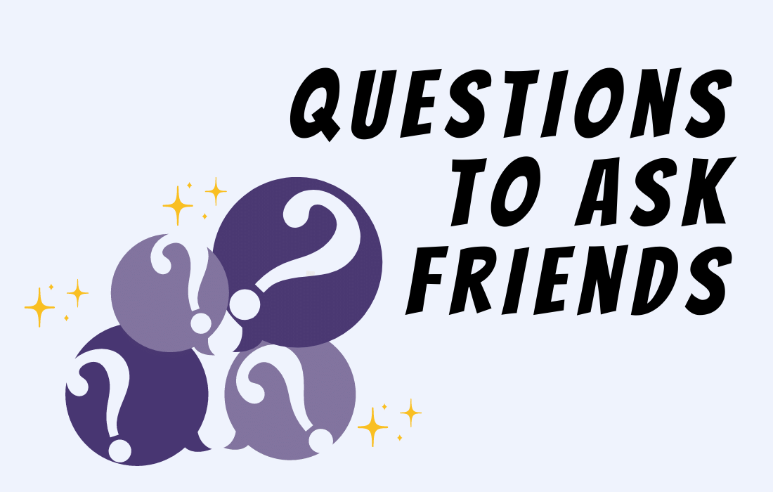 Purple question marks with text questions to ask friends in all caps