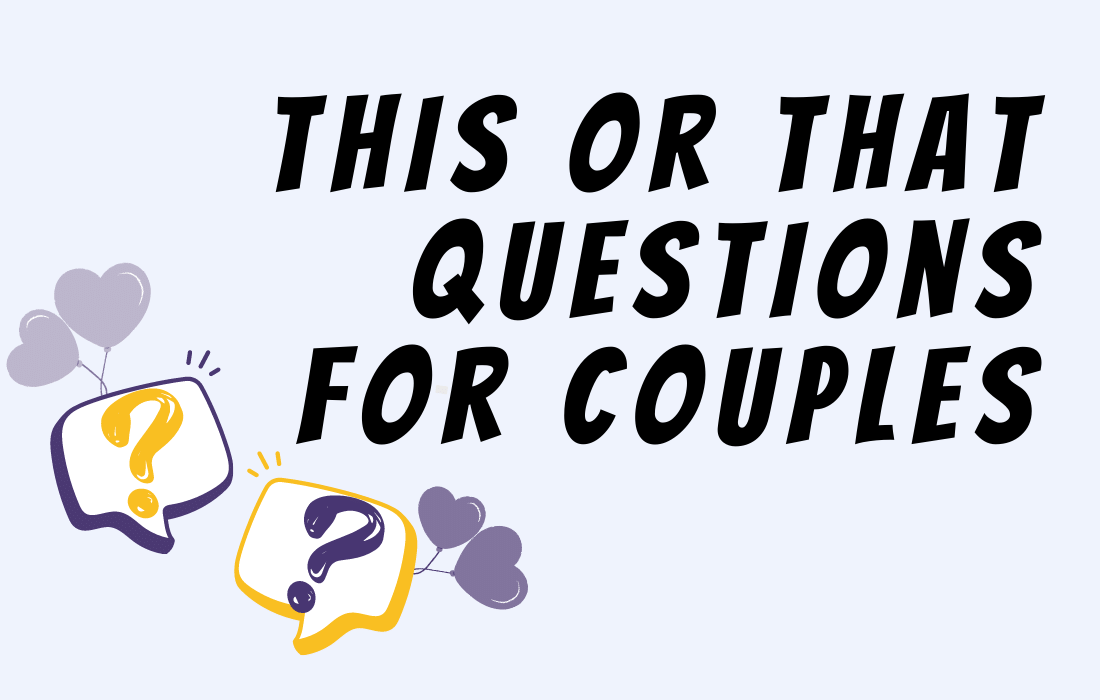 Hearts and question marks graphics beside text this or that questions for couples.