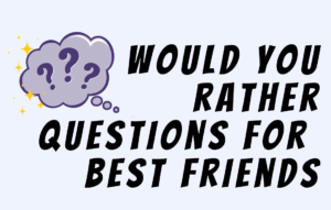 Chat box illustration with question marks near text Would You Rather Questions for Friends.