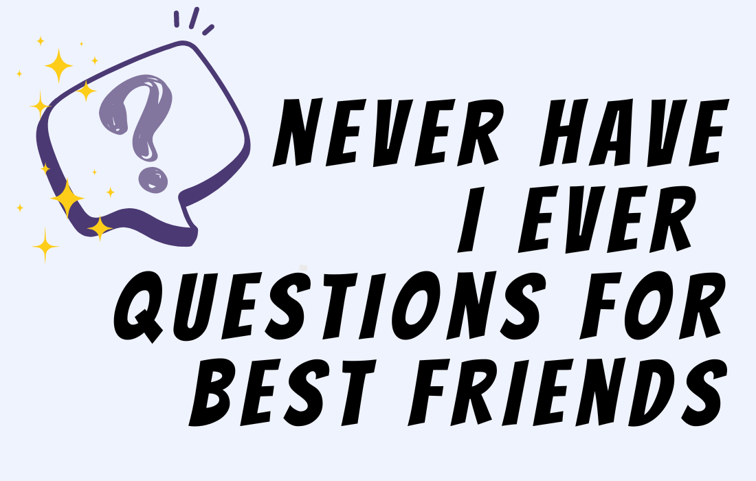 Purple question mark inside a purple chat icon behind test Never have I ever questions for best friends.