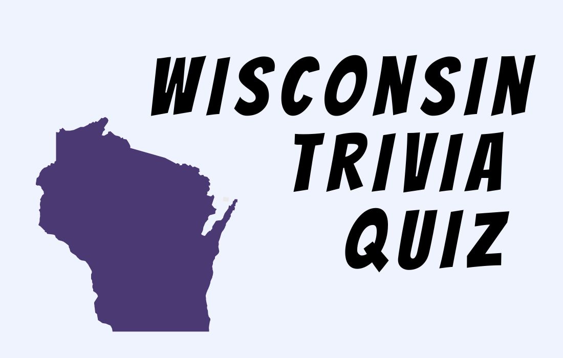 Wisconsin map illustration in purple beside text Wisconsin trivia quiz.