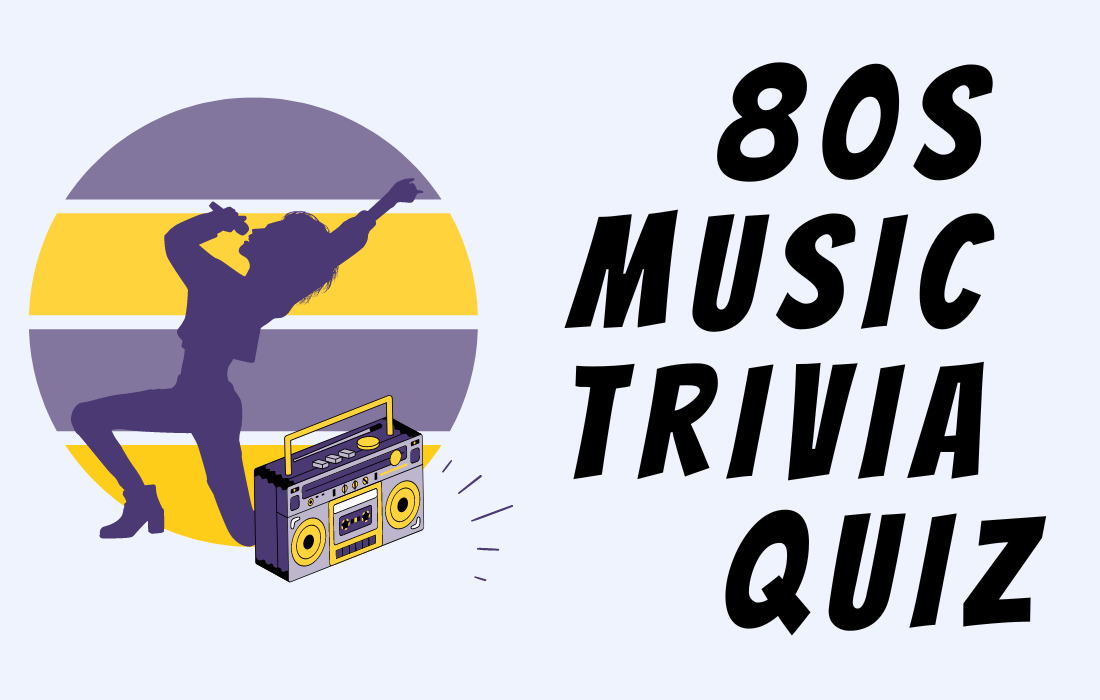 Purple illustration of 1980s singer in yellow and purple circle background with radio beside text 80s music trivia quiz in all caps.