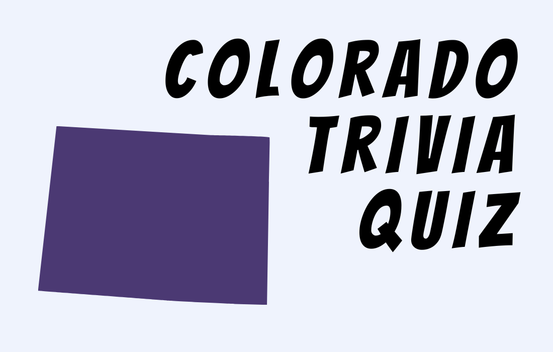 Purple Colorado map shape beside text Colorado Trivia Quiz in all caps.