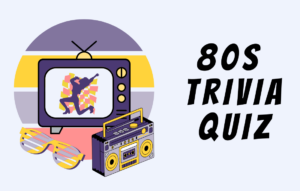 Graphics of TV, sunglasses, and radio in 80s-style color beside text 80s Trivia Quiz in all caps.