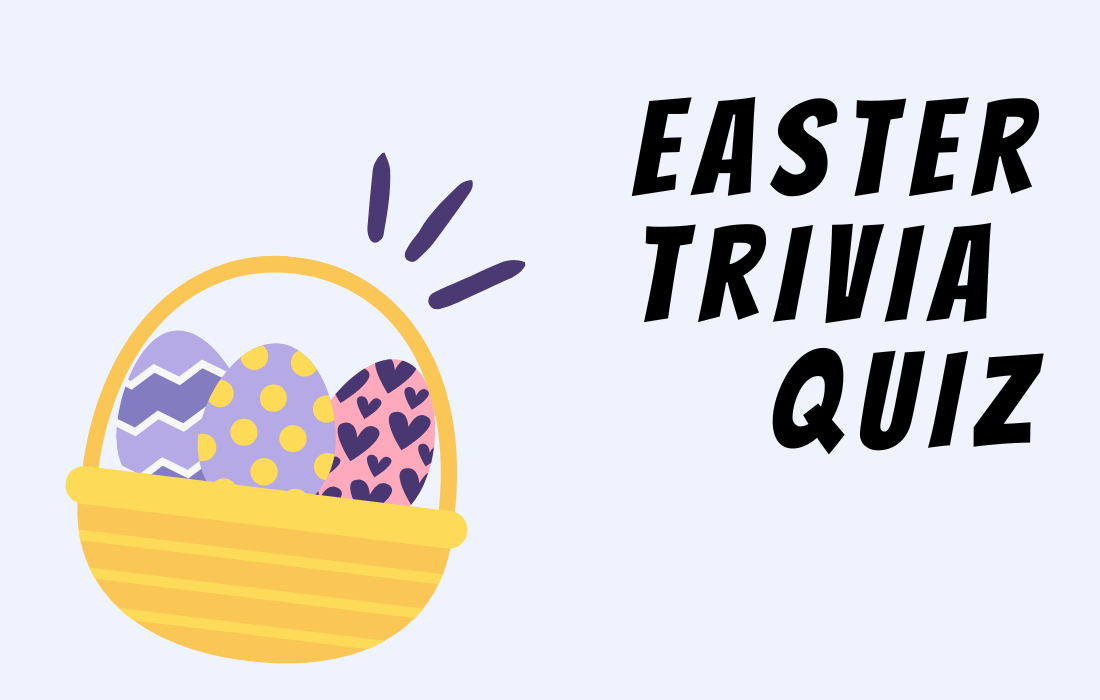 Easter eggs in a basket beside text Easter Trivia Quiz.