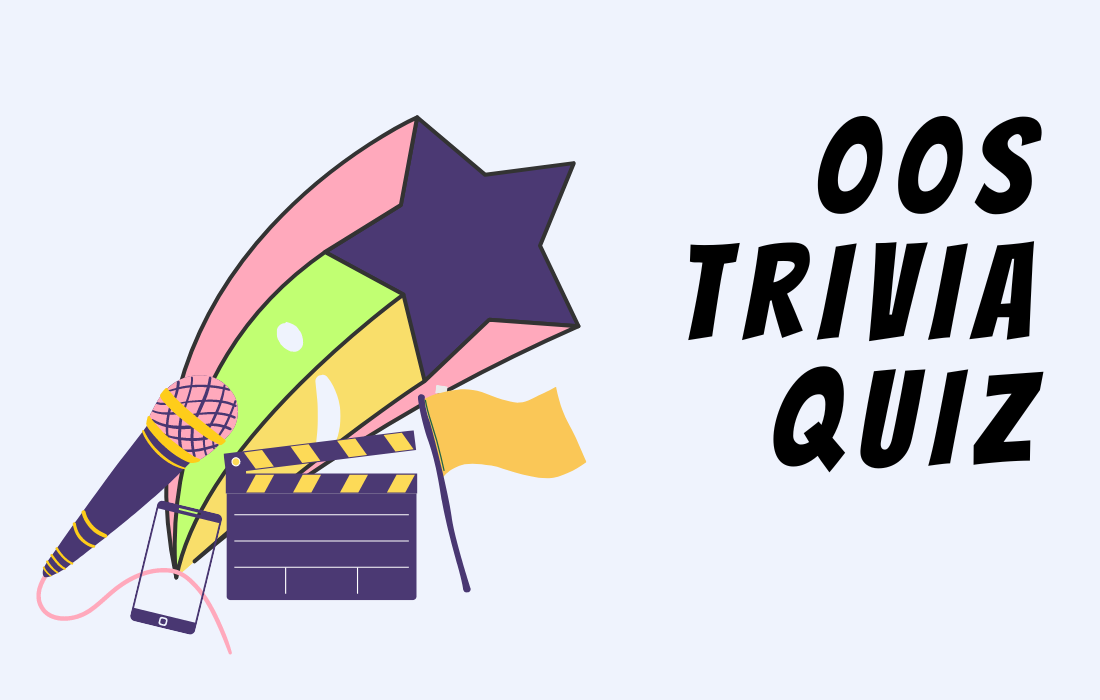 Graphic illustration of a microphone, phone, clapperboard, and flag in front of a star in colors pink, yellow green and purple- beside text 00s Trivia Quiz in all caps.
