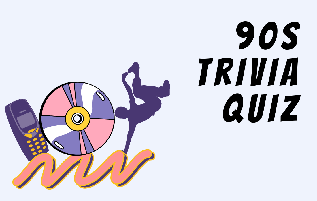 Colorful illustration of phone, disc, and hip hop dancer beside text 90s Trivia Quiz in all caps.