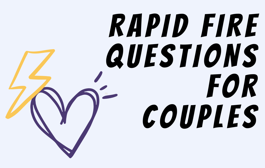 Illustration of purple heart with yellow lightning beside text rapid fire questions for couples.