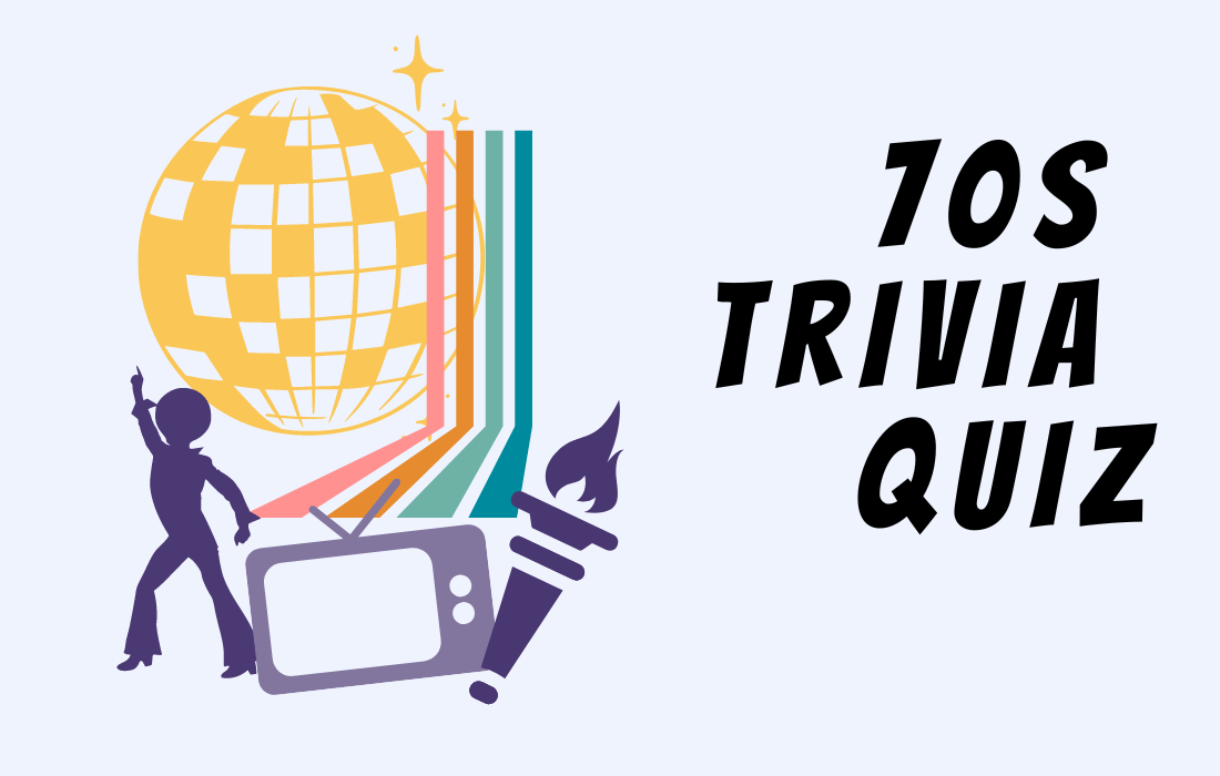 Graphic illustration of yellow disco ball beside colorful line, dancing man, TV, and torch- beside text 70s Trivia Quiz in all caps.