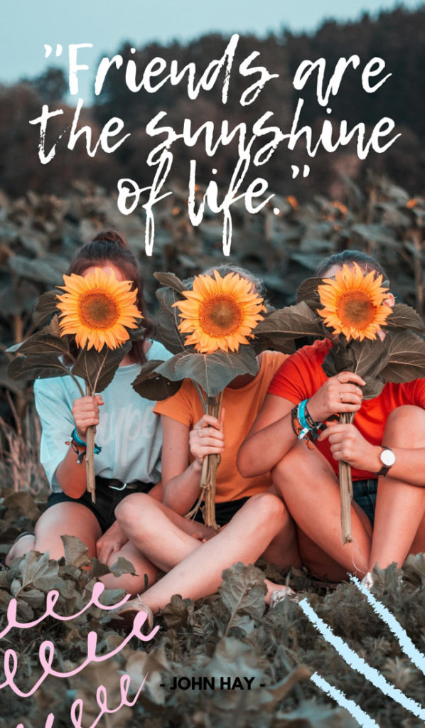 Text Friends are the sunshine of life. Image of three girls holding flowers up to face