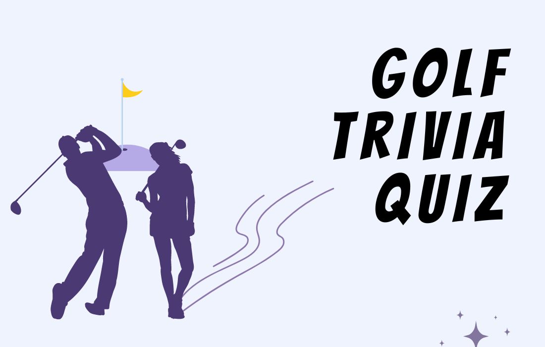Illustration of one male and female golf player in purple color beside text Golf Trivia Quiz in all caps.
