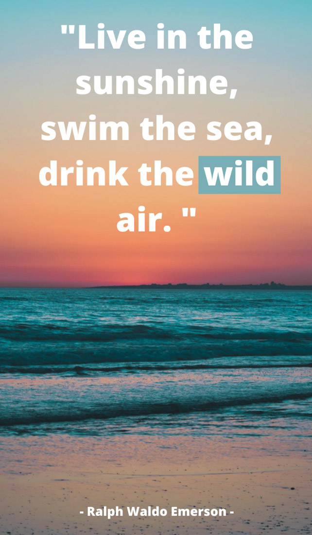 Text Live in the sunshine, swim the sea, drink the wild air. Image of sunset