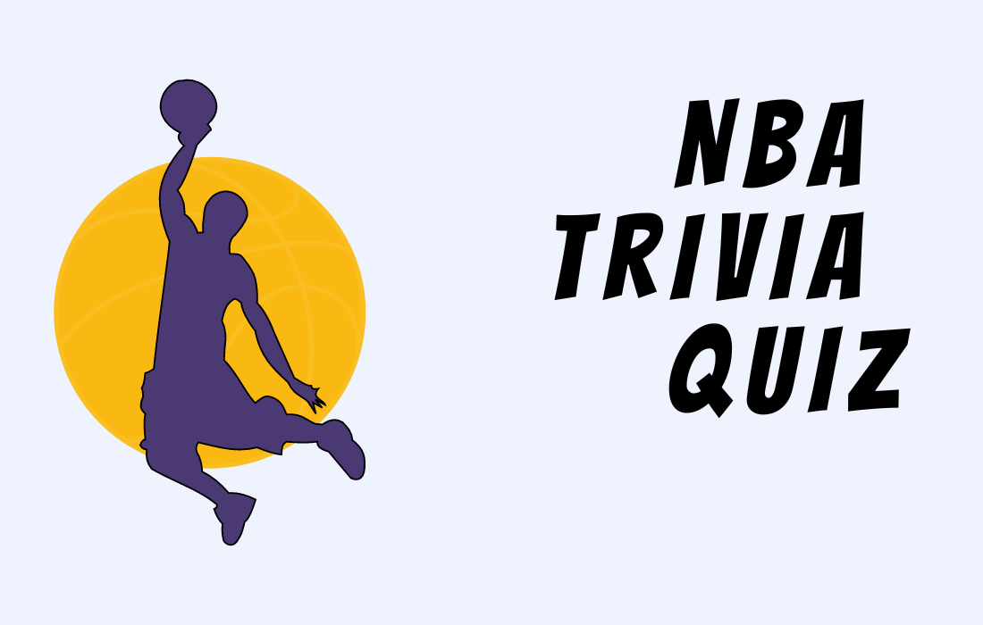 Illustration of basketball player doing a dunk in front of a yellow circle beside text NBA Trivia Quiz in all caps.