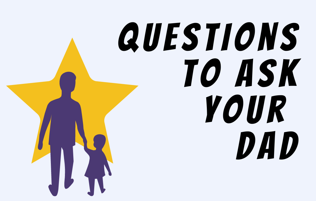 Illustration of father walking with his child with a star background beside text ''Questions to Ask your Dad'' in all caps.