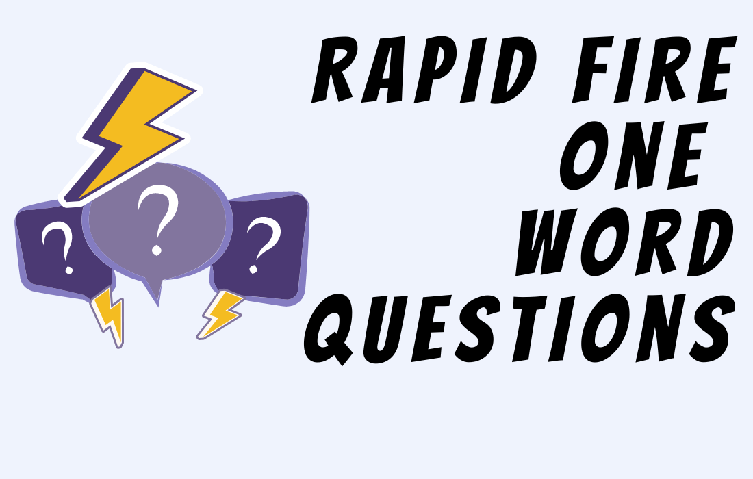 Purple hat emojis with white question marks inside and yellow lightning around- beside text in all caps: Rapid Fire One Word Questions.