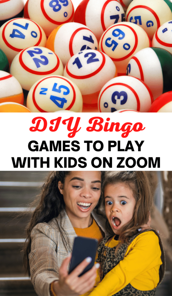Text Bingo.-Zoom-games-to-play-with-kids-and-Zoom-activities. Image of bingo balls and parent and kid looking at phone.
