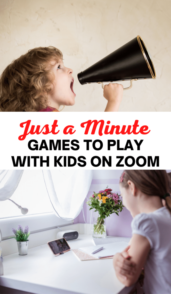 Text Just-a-Minute.-Zoom-games-to-play-with-kids-and-Zoom-activities. Image of kid on phone and loudspeaker