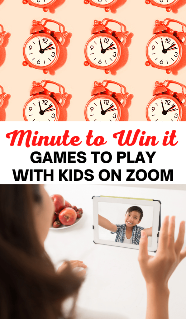 Text Zoom-games-to-play-with-kids-and-Zoom-activities. Image of clocks and child on tablet screen