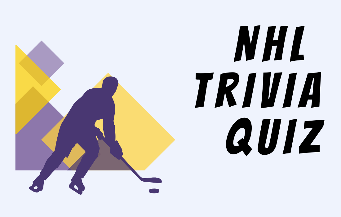 NHL ice hockey player in purple color with geometric purple and yellow background, beside text: NHL Trivia Quiz in all caps.