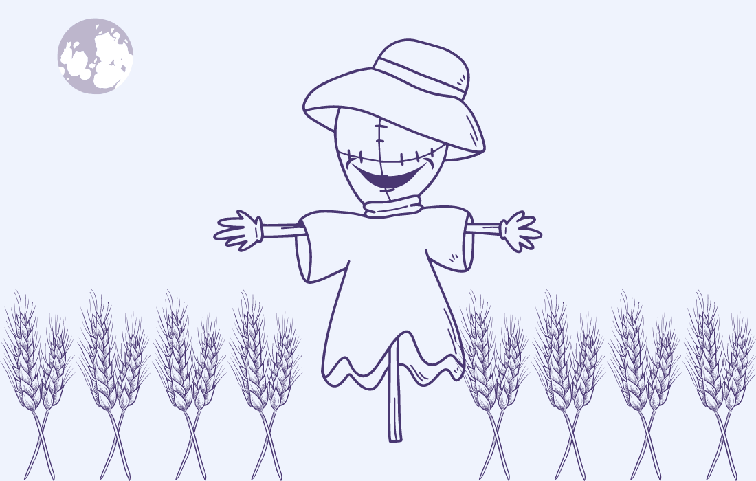 Scarecrow with full moon and crops
