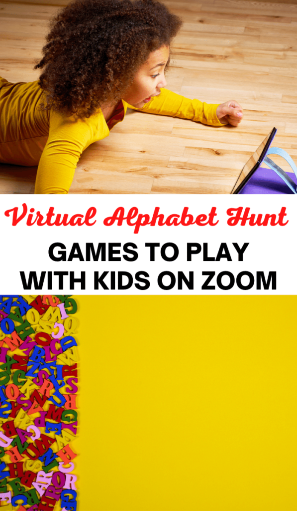 Text Scavenger-Hunt.-Zoom-games-to-play-with-kids-and-Zoom-activities. Image of girl on computer.