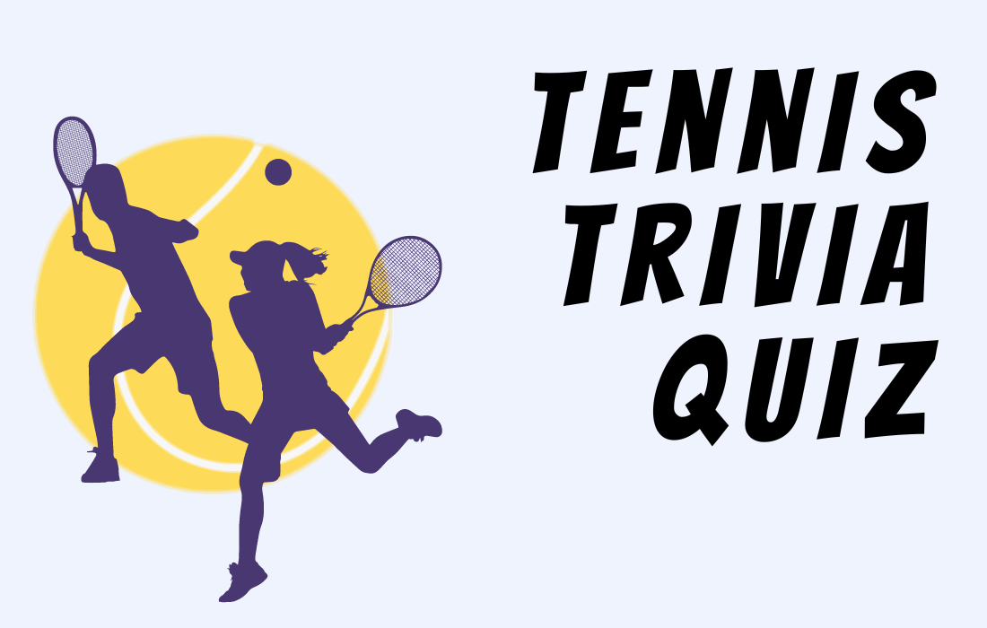 Illustration of male and female tennis players in yellow ball background beside text Tennis Trivia Quiz in all caps.