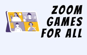 Text Zoom Games For All. Image of Tablet with Four People on Conference Call
