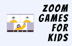 Text Zoom Games For Kids. Image of Three Kids on Desktop Conference Call