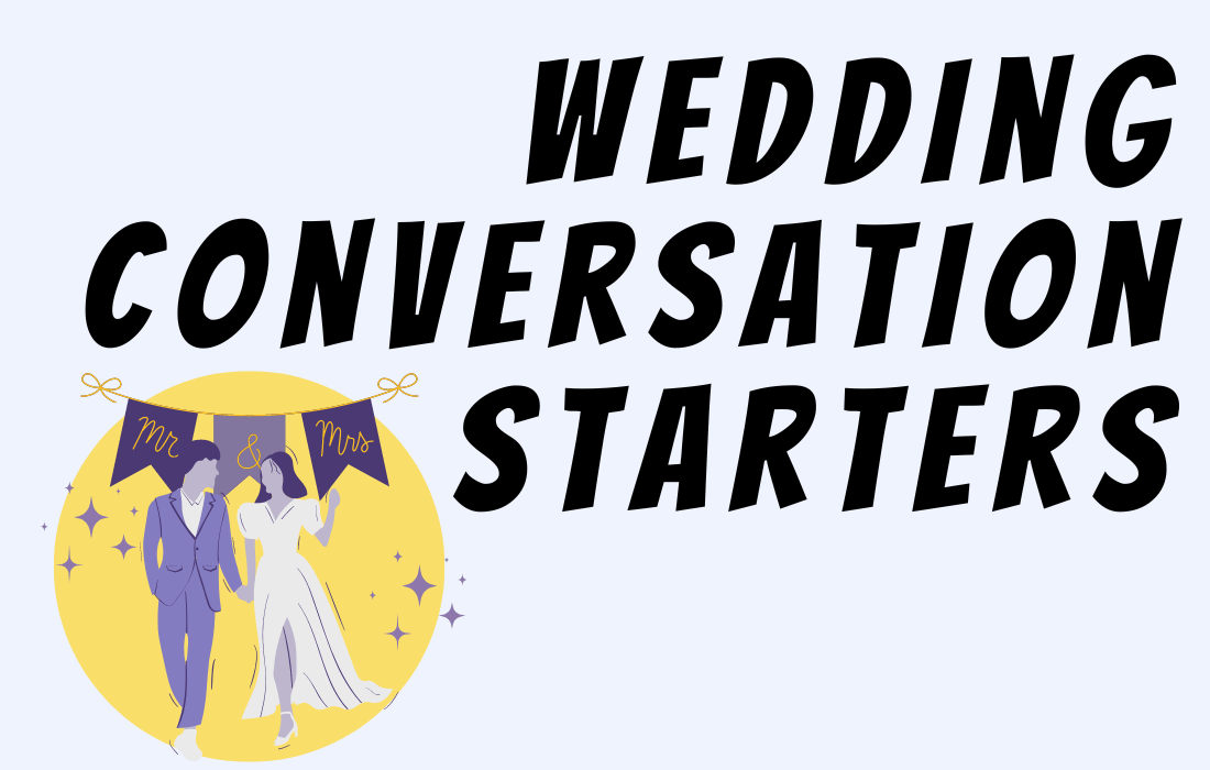 Wedding couples in purple and white color with yellow circle background beside text: Wedding Conversation Starters in all caps.