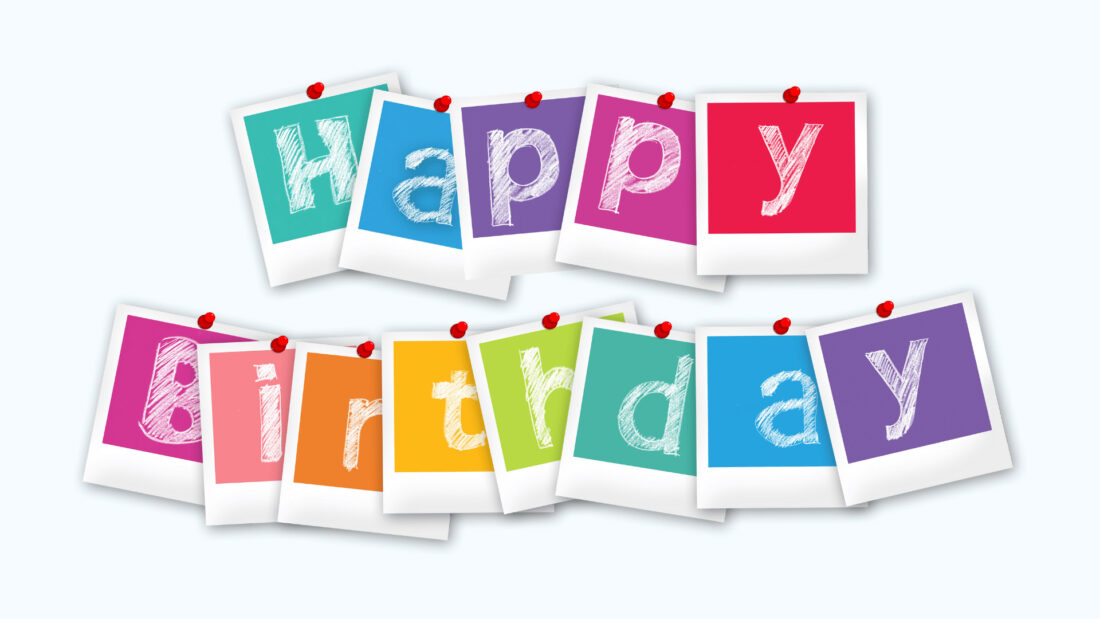 Zoom background of Happy Birthday written in colorful cards.
