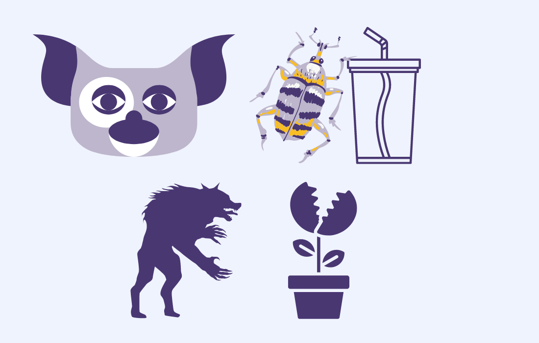 80s Movie Icon Mix with gremlin, beetle, drink, werewolf, and venus fly trap plant