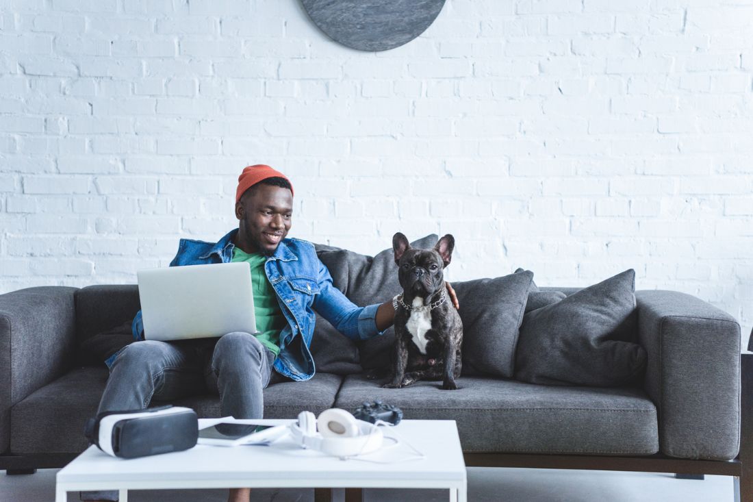 African American man sitting on a chair and working on his laptop beside a french bulldog.