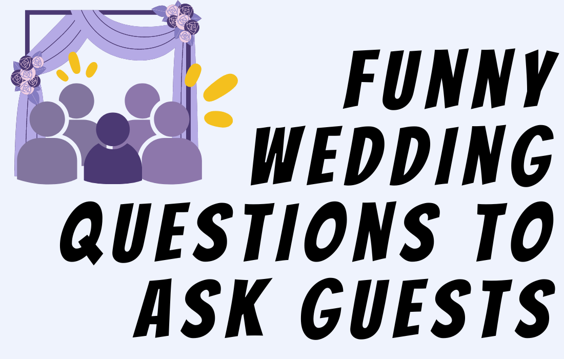 Illustration of people-like graphics in wedding decor background beside text funny wedding questions to ask guests.