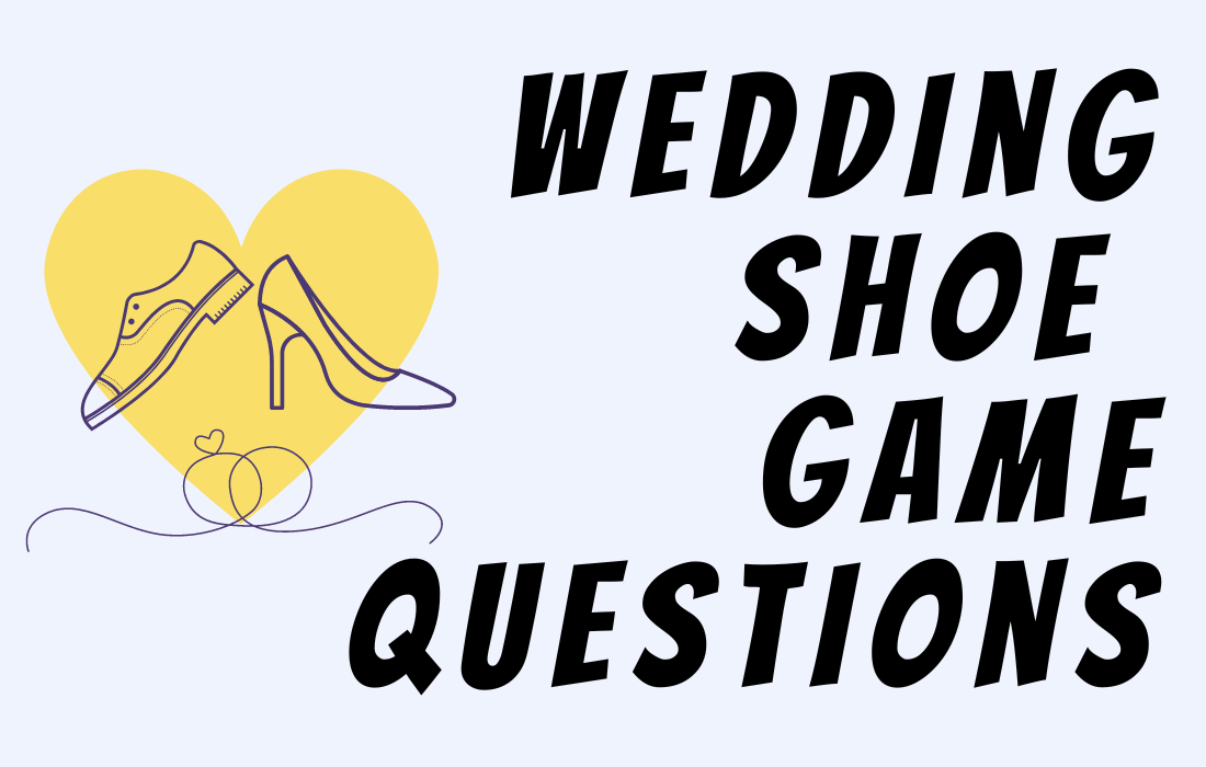 Illustration of groom and bride wedding shoes in yellow heart background with intertwined wedding rings- beside text in all caps: Wedding Shoe Game Questions.