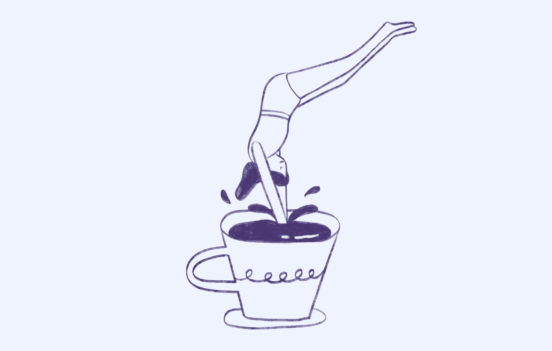 Girl diving into coffee cup drawing