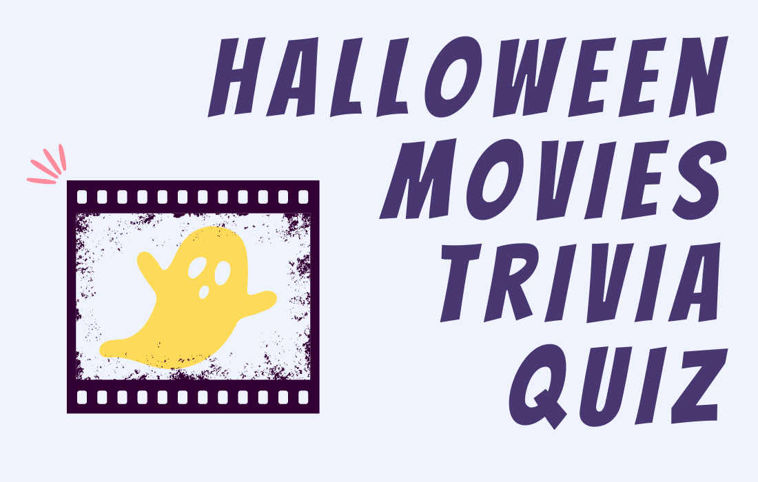 Spooky cinema screen with yellow ghost inside beside post title Halloween Movies Trivia Quiz.