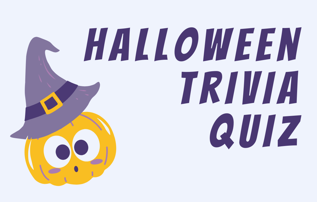 Cute pumpkin illustration with purple witch hat beside text Halloween Trivia Quiz in all caps.