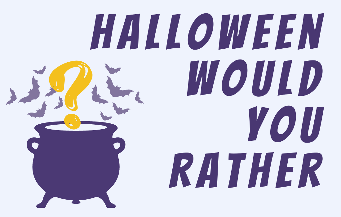 Purple cauldron with question mark and bats in the background beside text Halloween Would You Rather in all caps.
