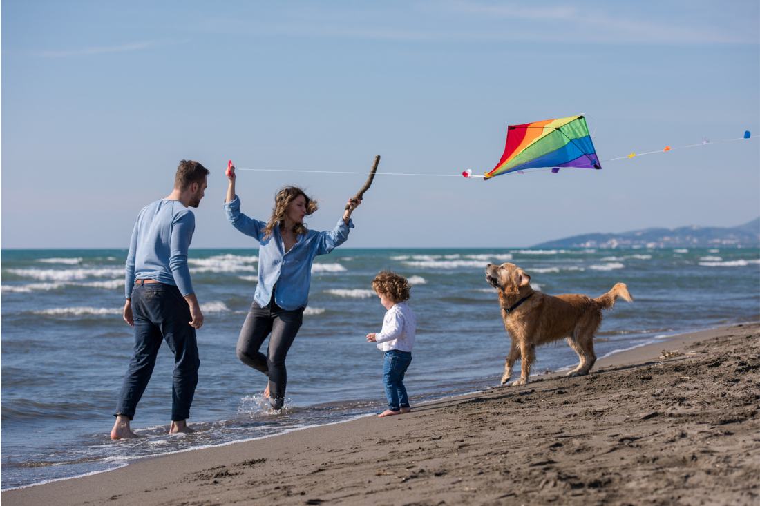 Happy family of three with their dog flying kite at the beach.