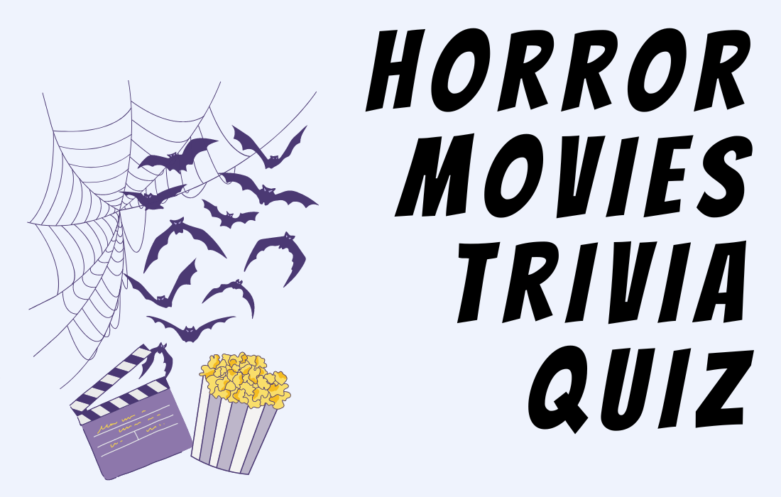 Spooky spider web, bats with popcorn illustration beside text Horror Movies Trivia Quiz in all caps.