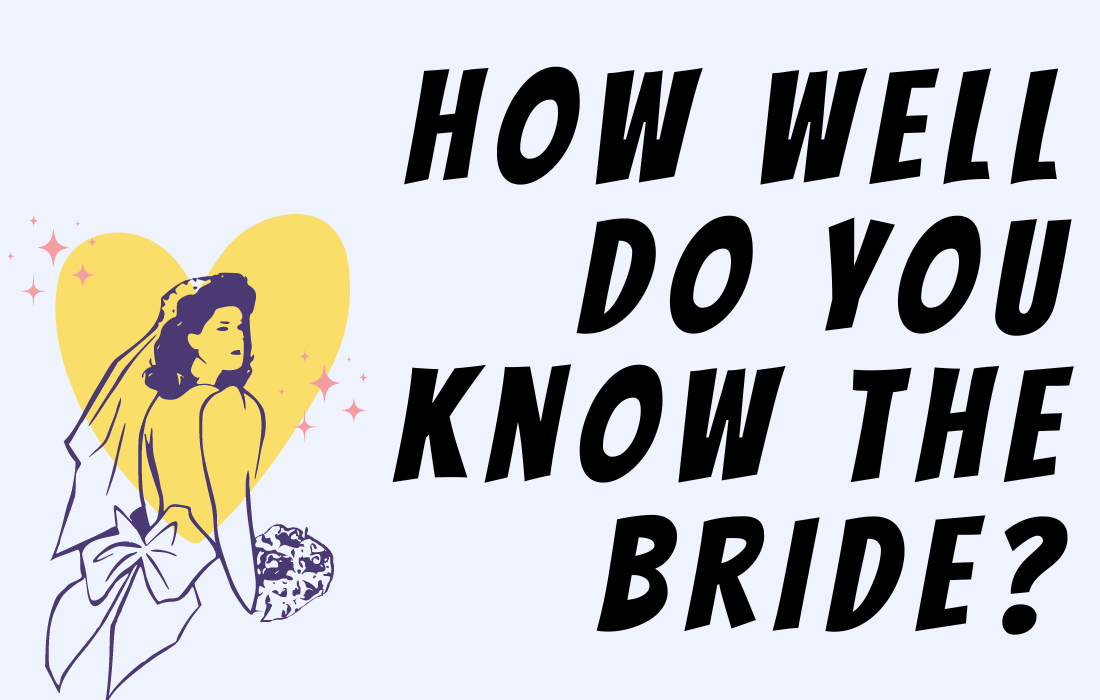 Illustration of a bride holding flowers with a yellow heart background beside text ''how well do you know the bride?" in all caps.