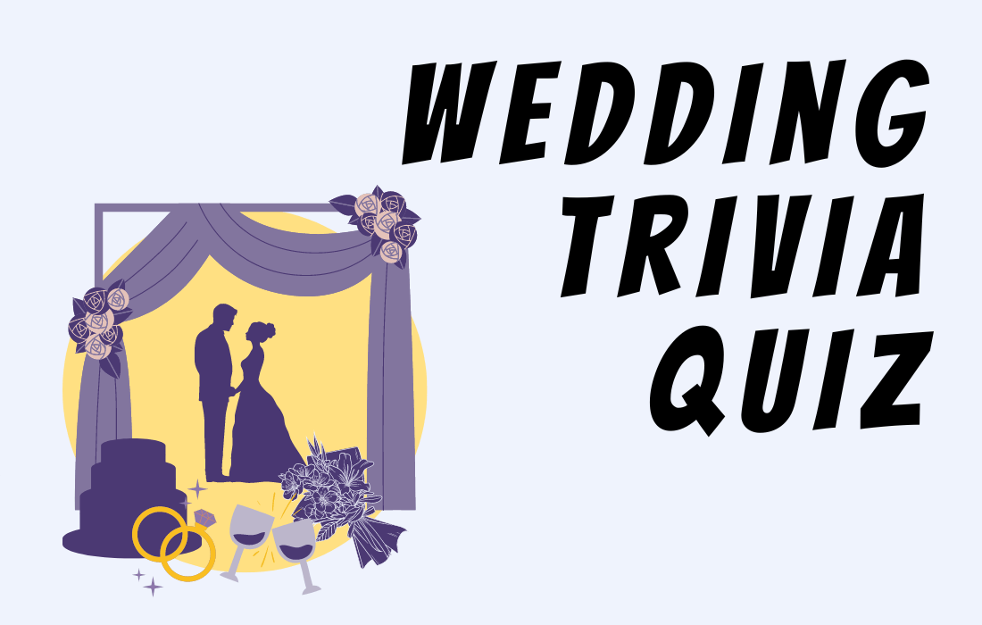Text Wedding Trivia Quiz with image of a wedding with bride and groom, flowers, cake, rings, and wine glasses.